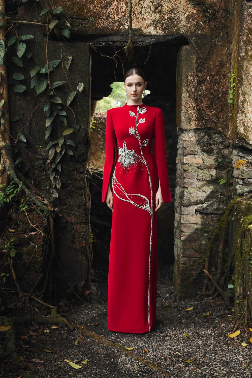 Cape Sleeve Crystal Embellished Dress